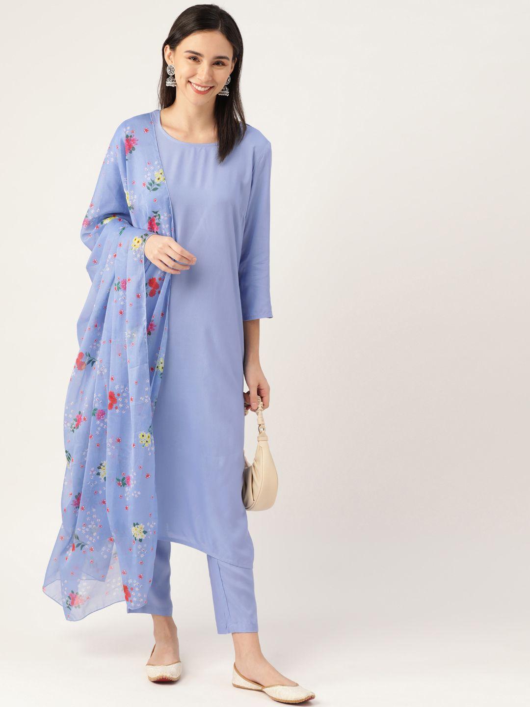 anouk women lavender sustainable solid kurta with trousers & dupatta