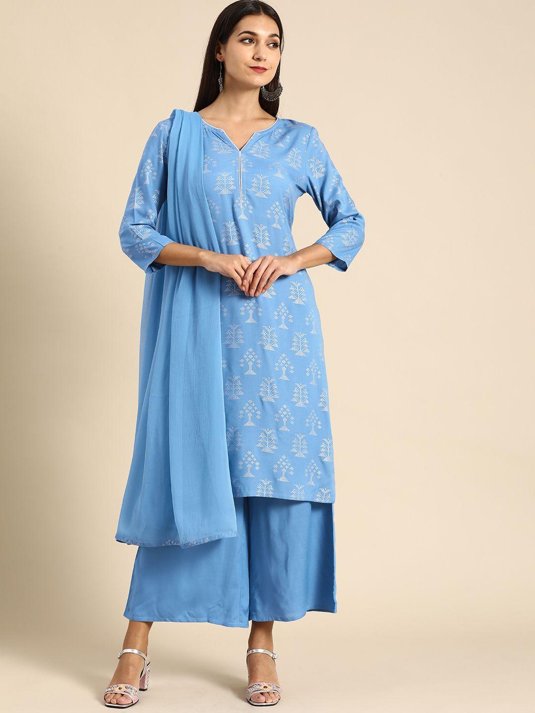 anouk women light blue printed pure cotton kurta with palazzos & dupatta