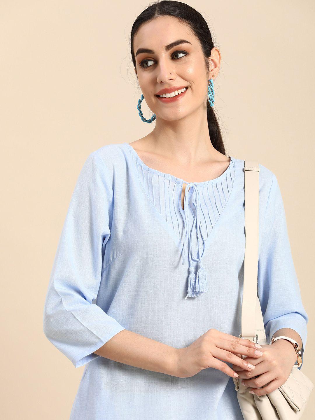 anouk women light blue solid tie-up neck straight kurta