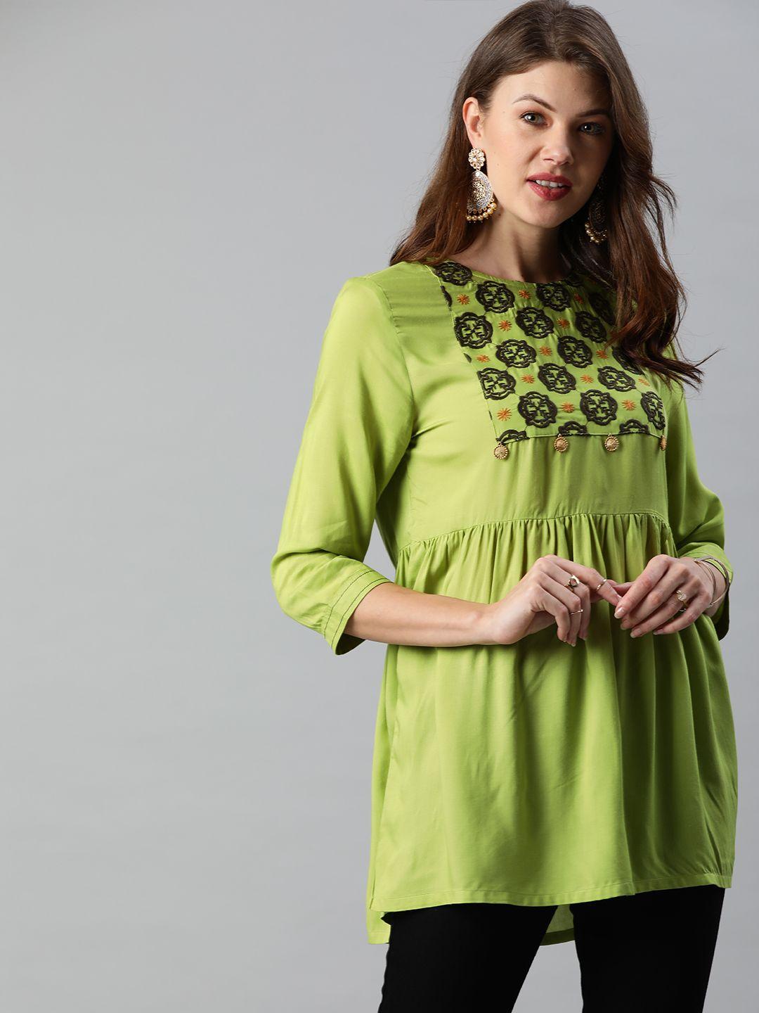 anouk women lime green embroidered a-line top