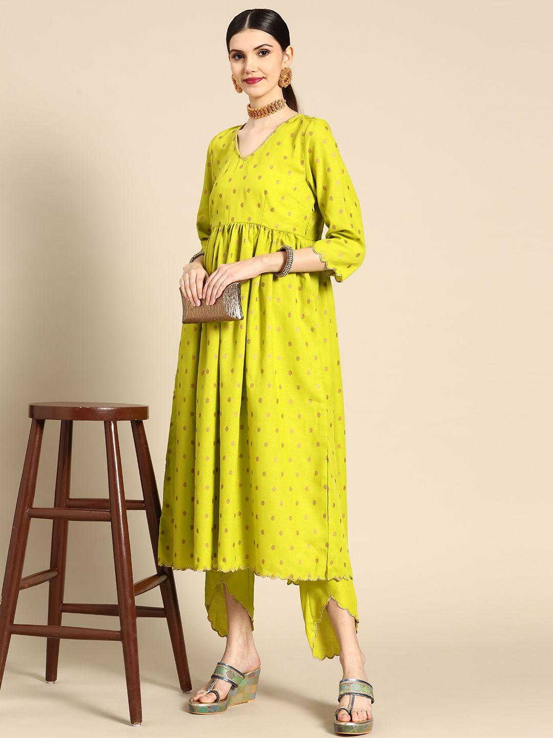 anouk women lime green printed empire thread work kurta with trousers