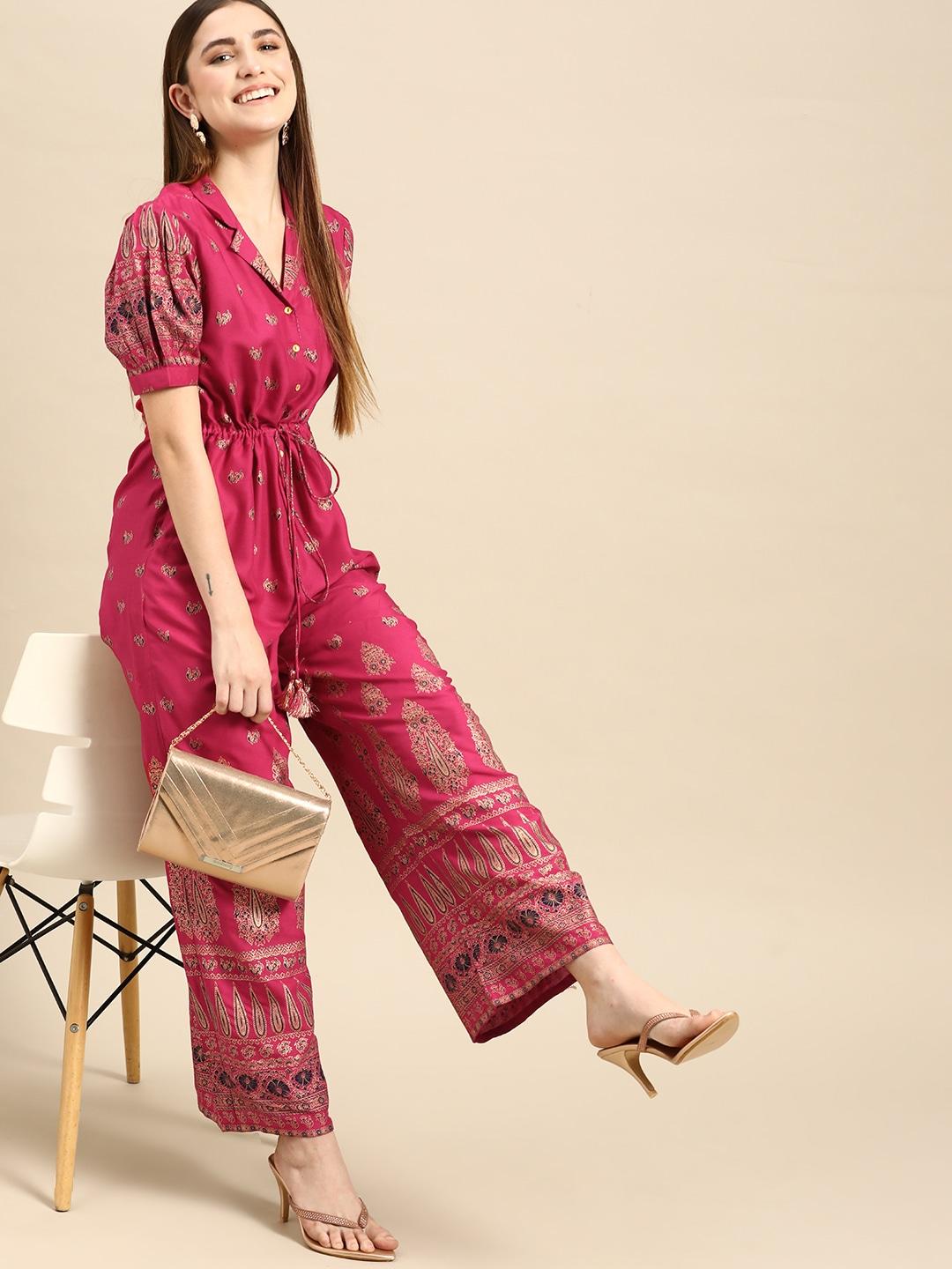 anouk women magenta & golden ethnic motifs printed basic jumpsuit