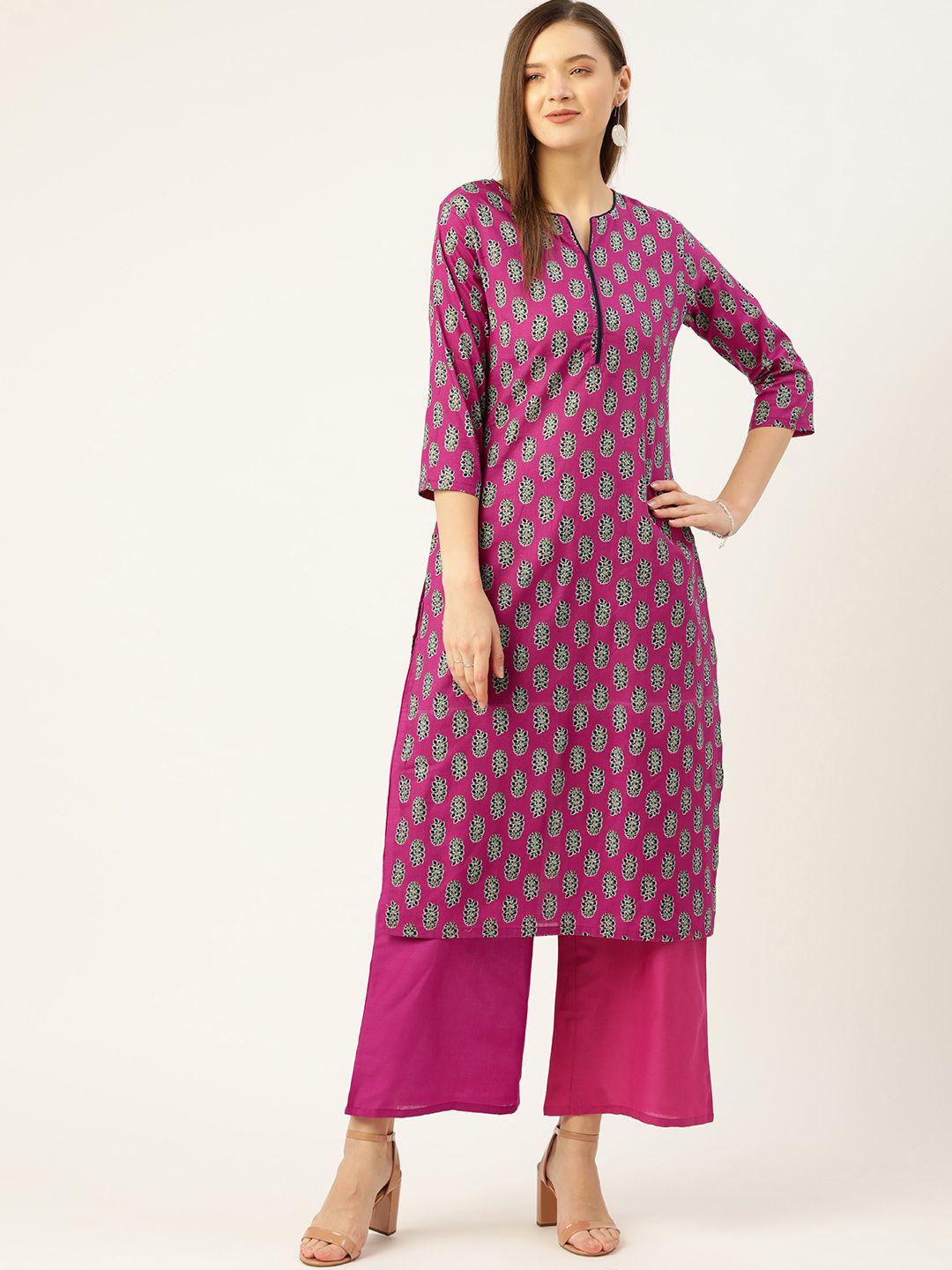 anouk women magenta ethnic motifs printed pure cotton kurta with palazzos