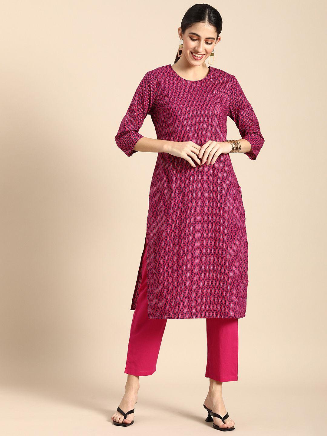 anouk women magenta ethnic motifs printed pure cotton kurta with trousers
