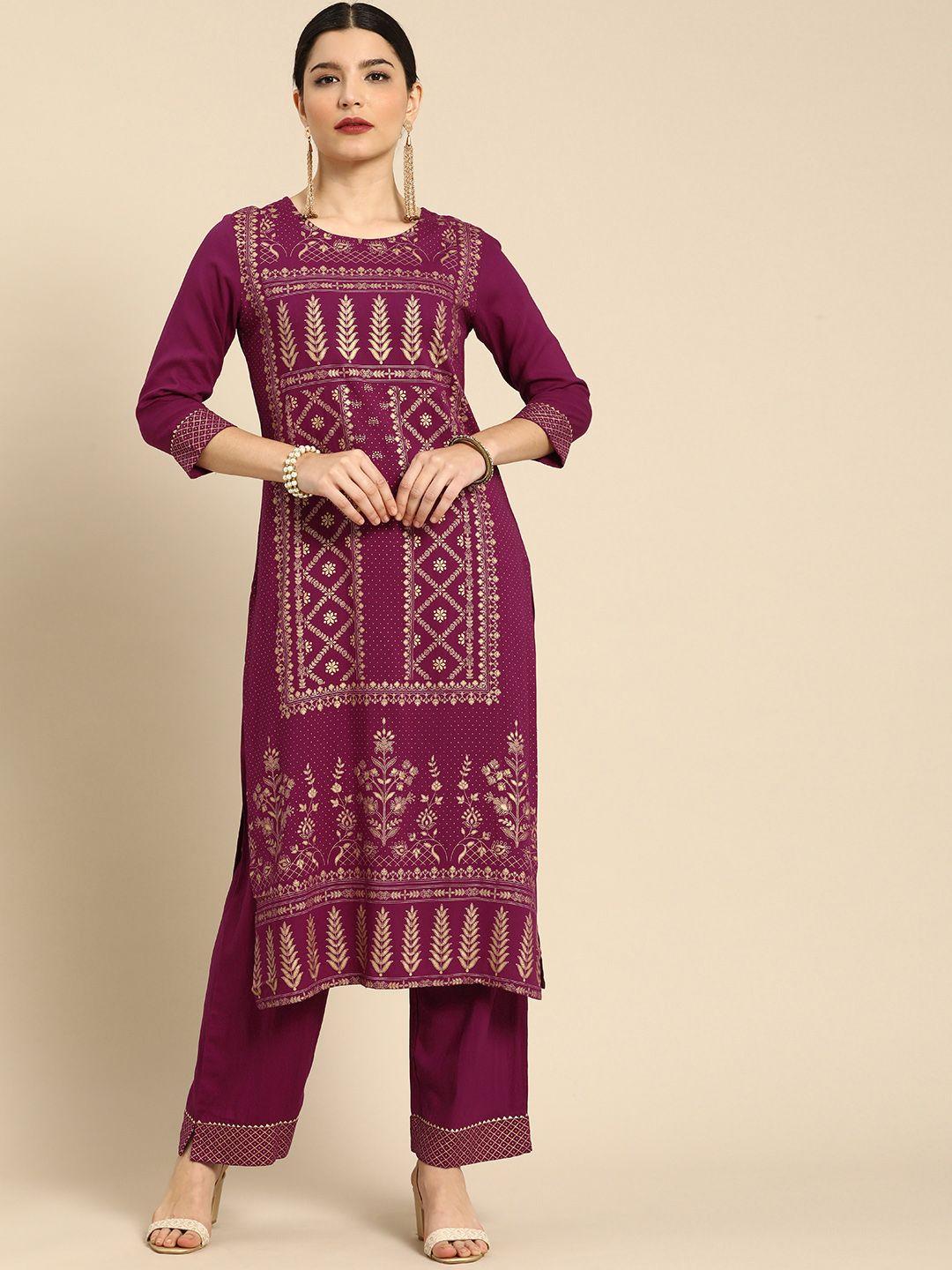 anouk women magenta ethnic motifs printed regular kurta with trousers