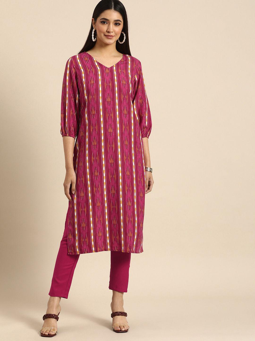 anouk women magenta pink & yellow abstract striped printed kurta with trousers