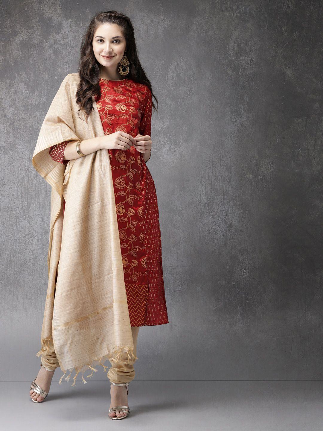 anouk women maroon & beige printed kurta with churidar & dupatta