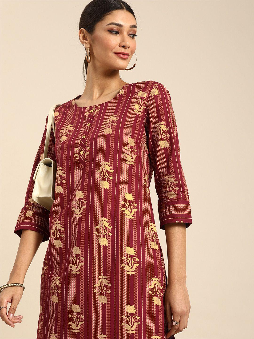 anouk women maroon & beige printed kurta with palazzos