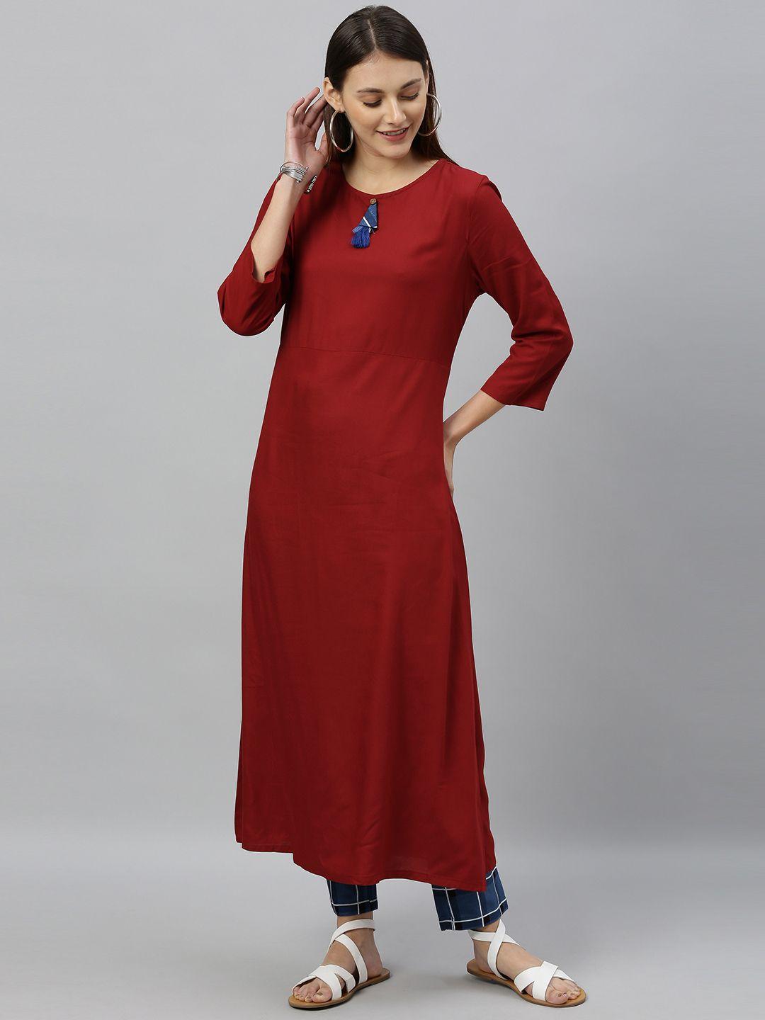 anouk women maroon & blue solid kurta with trousers