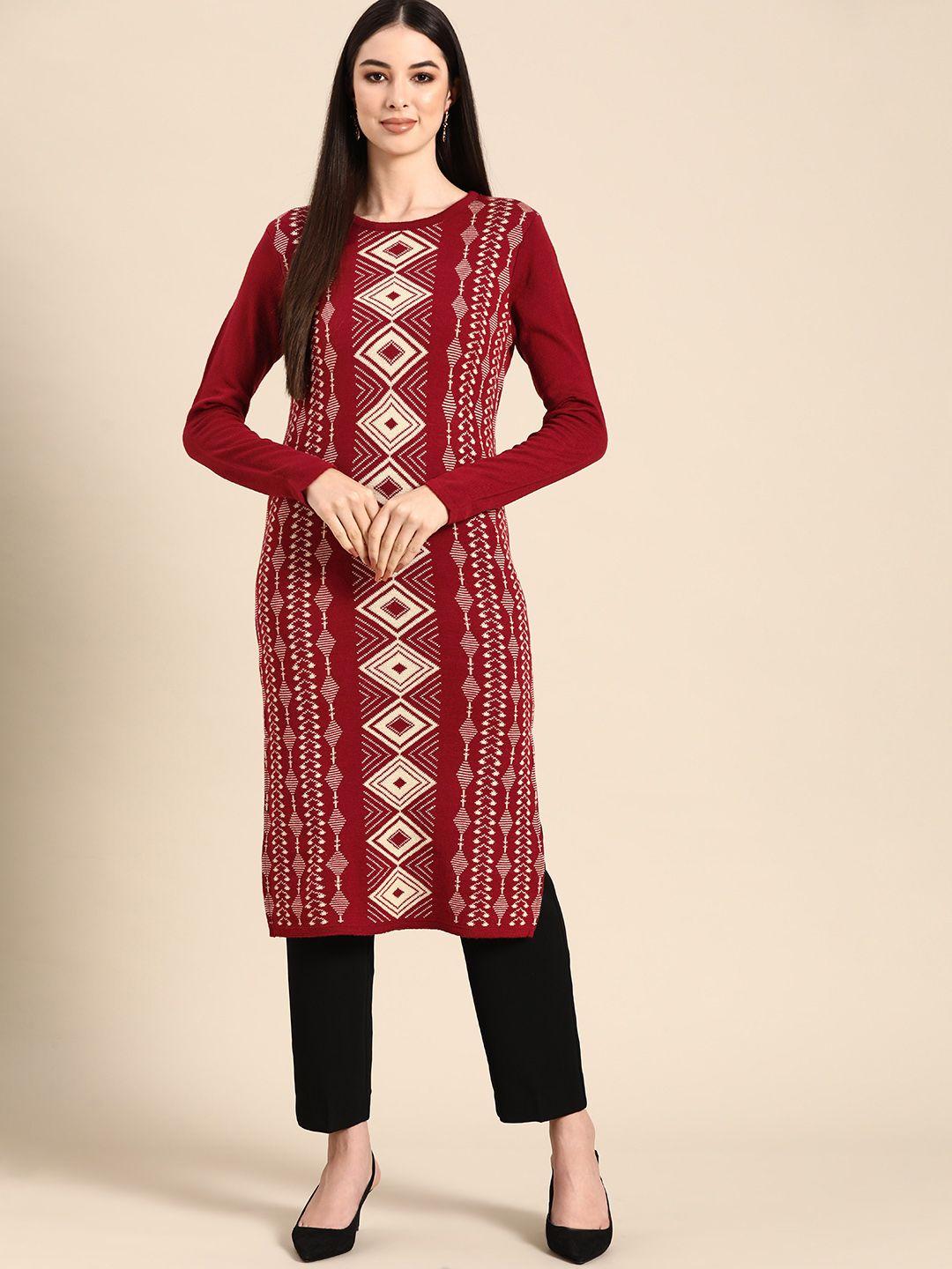 anouk women maroon & cream-coloured geometric printed winter kurta
