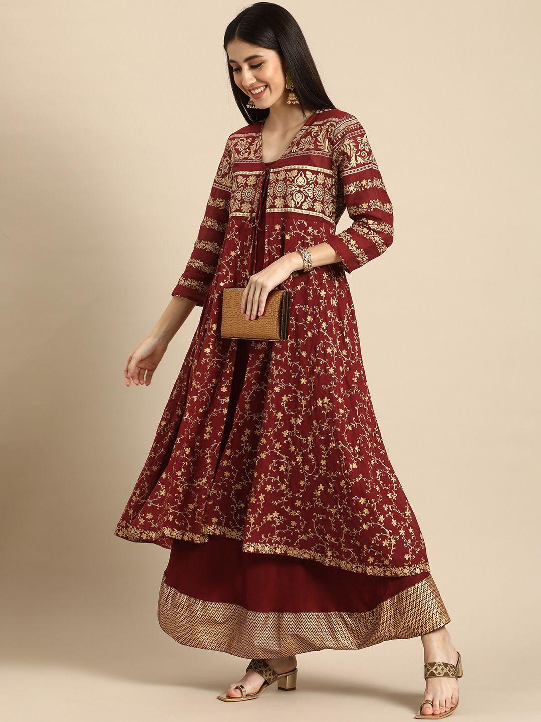 anouk women maroon & gold-toned ethnic motifs printed kurta with an overcoat