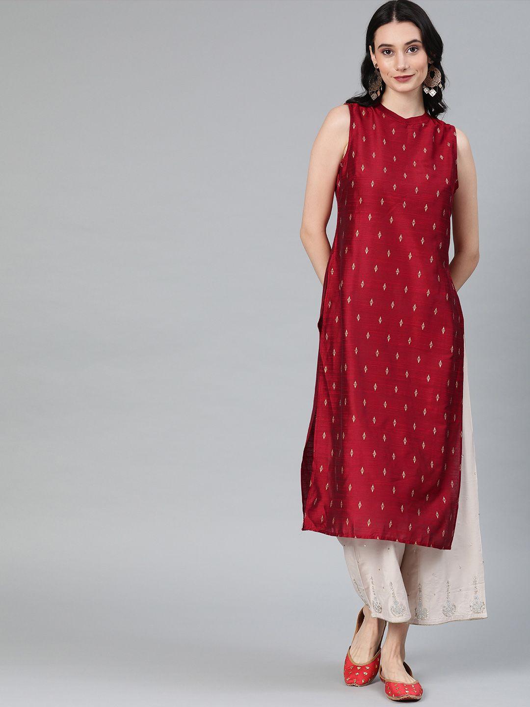 anouk women maroon & gold-toned printed straight kurta with styled back