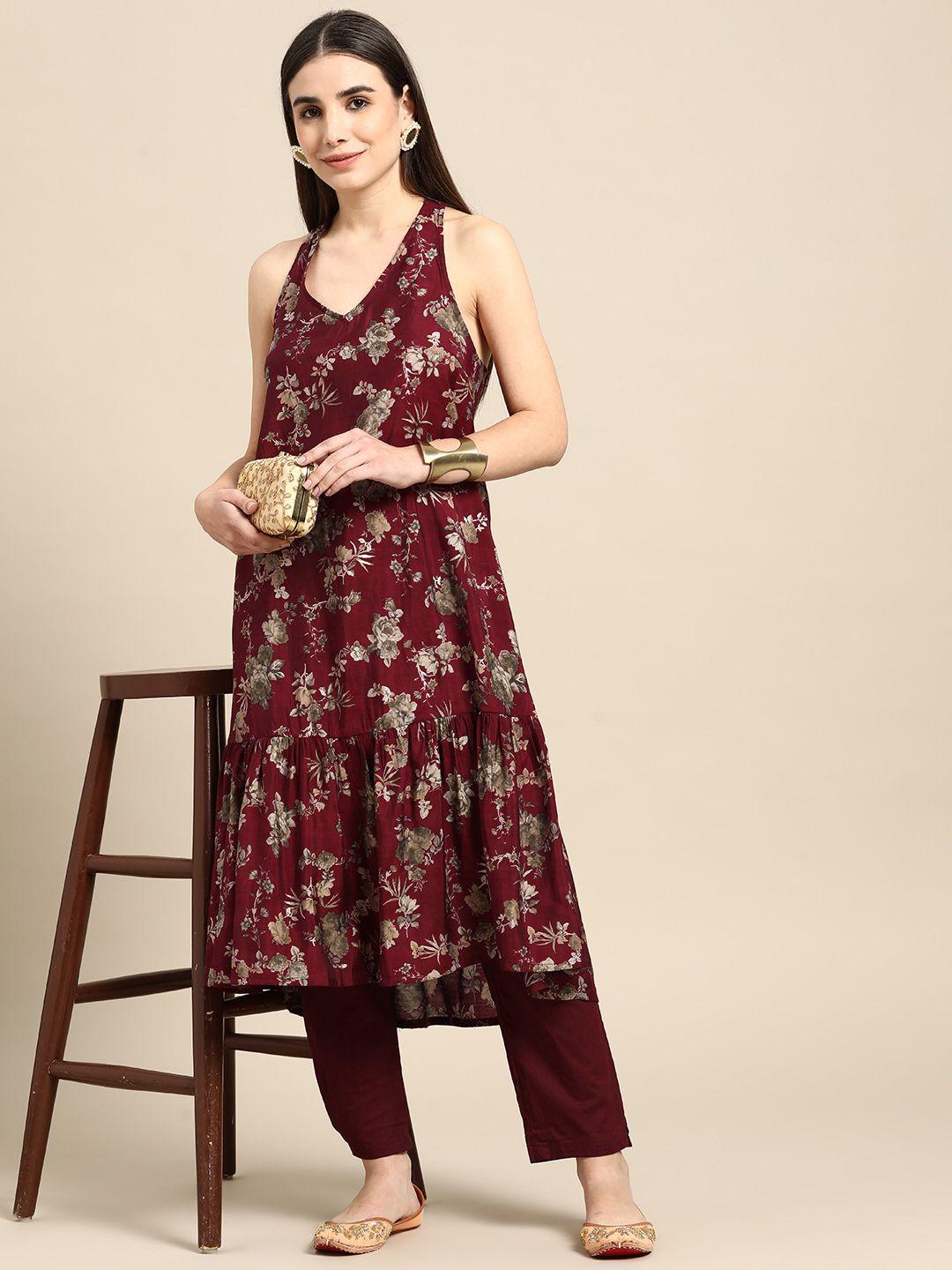 anouk women maroon & grey ethnic motifs printed kurta with trousers