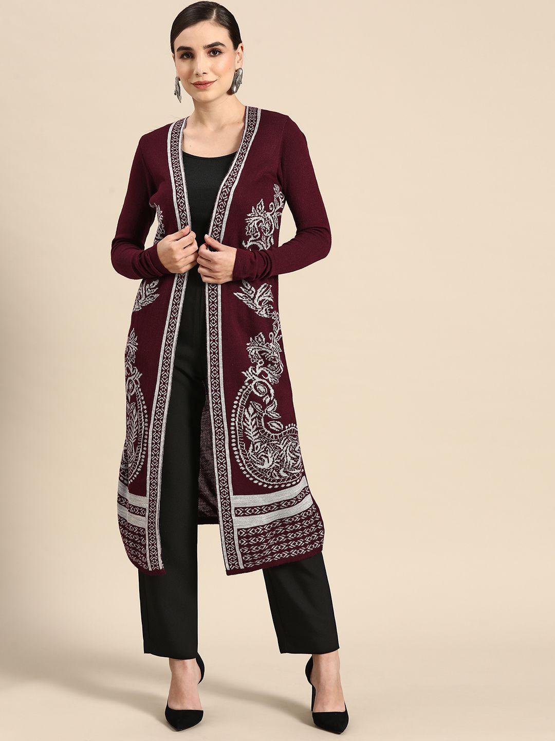 anouk women maroon & grey ethnic motifs self design longline front open sweater