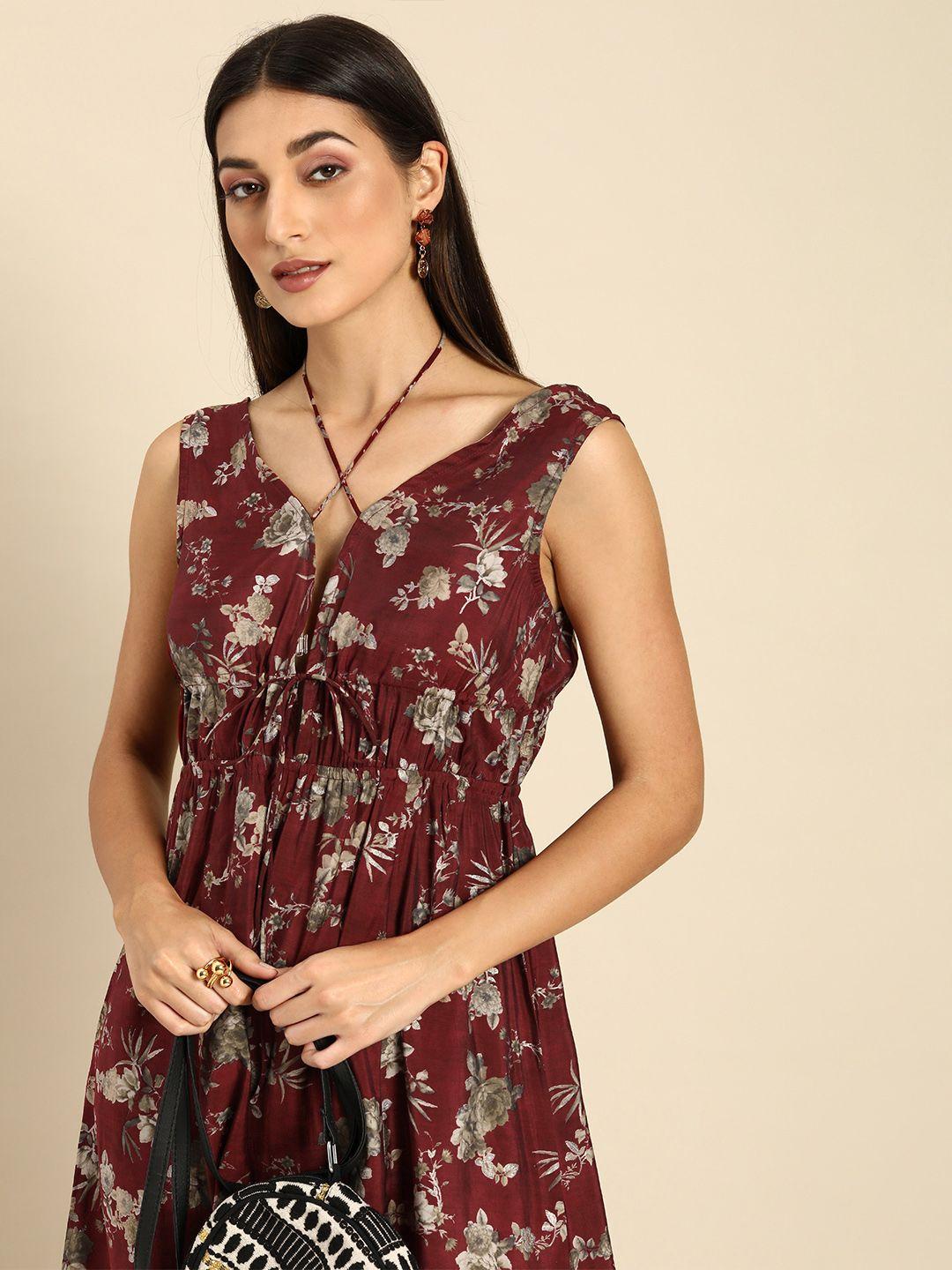anouk women maroon & olive green floral printed fit and flare dress