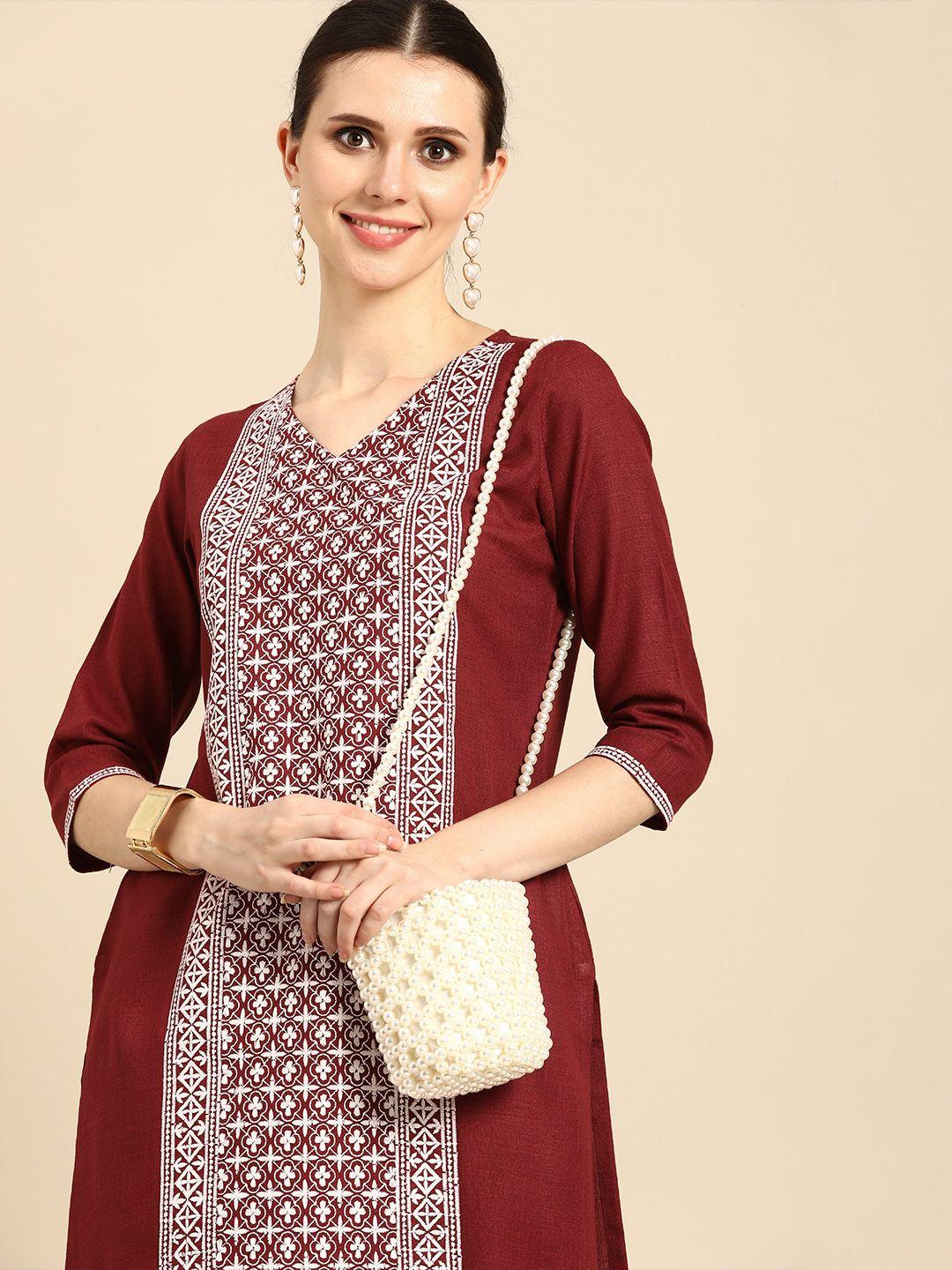 anouk women maroon & white ethnic motifs embroidered kurta with palazzos