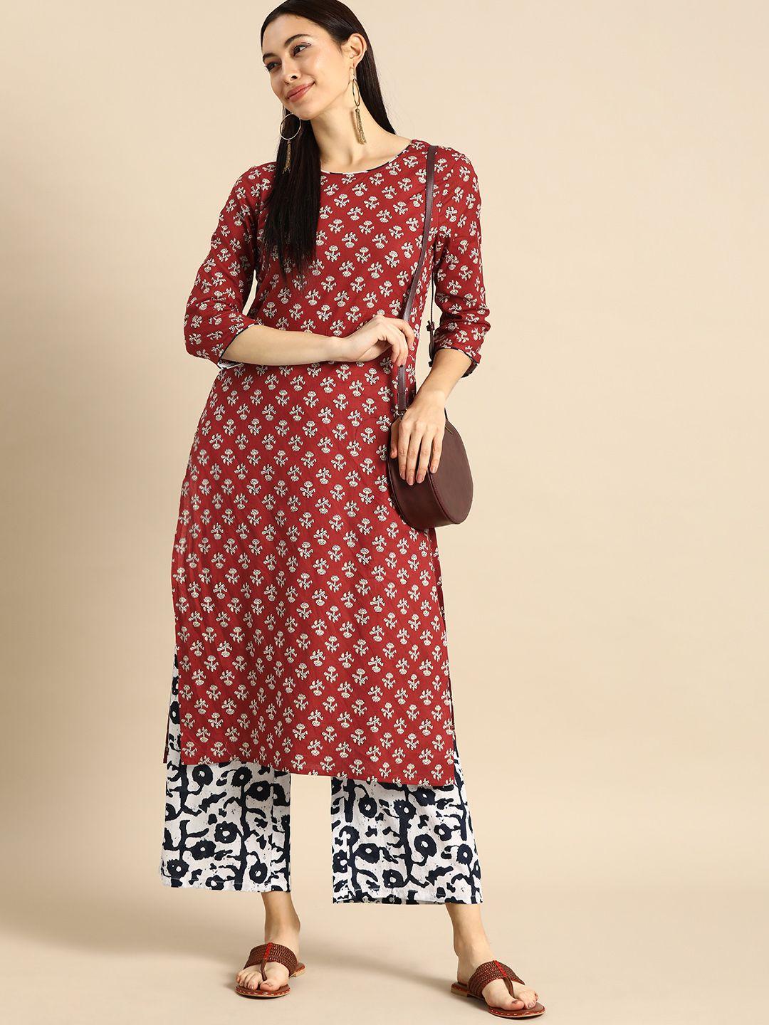 anouk women maroon & white printed kurta with palazzos