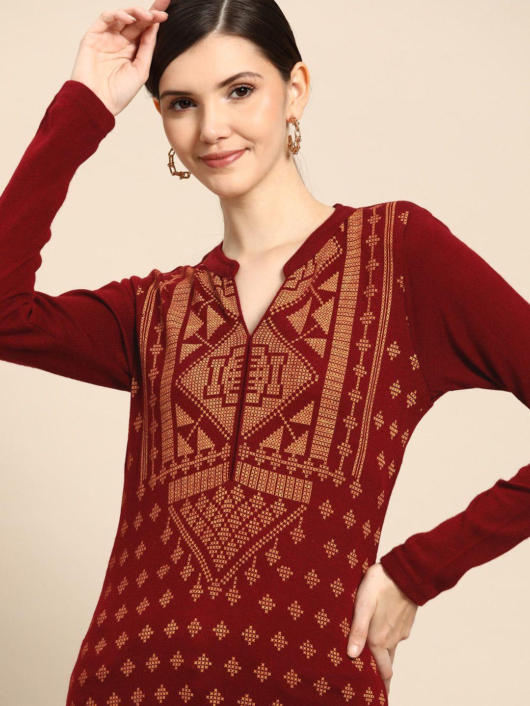 anouk women maroon & yellow geometric printed winter winter kurta