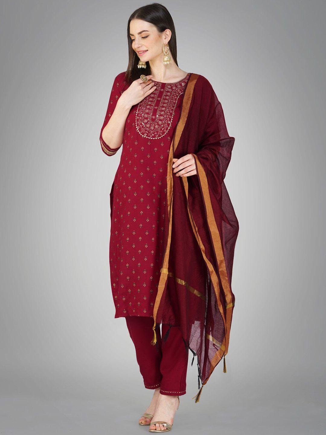 anouk women maroon embroidered regular sequinned kurta with trousers & with dupatta