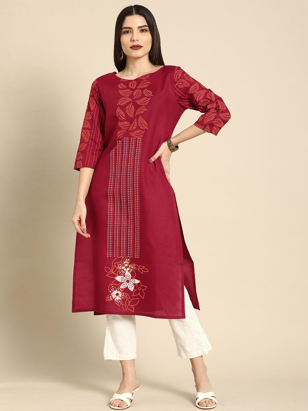 anouk women maroon ethnic motifs printed boat neck block print straight kurta