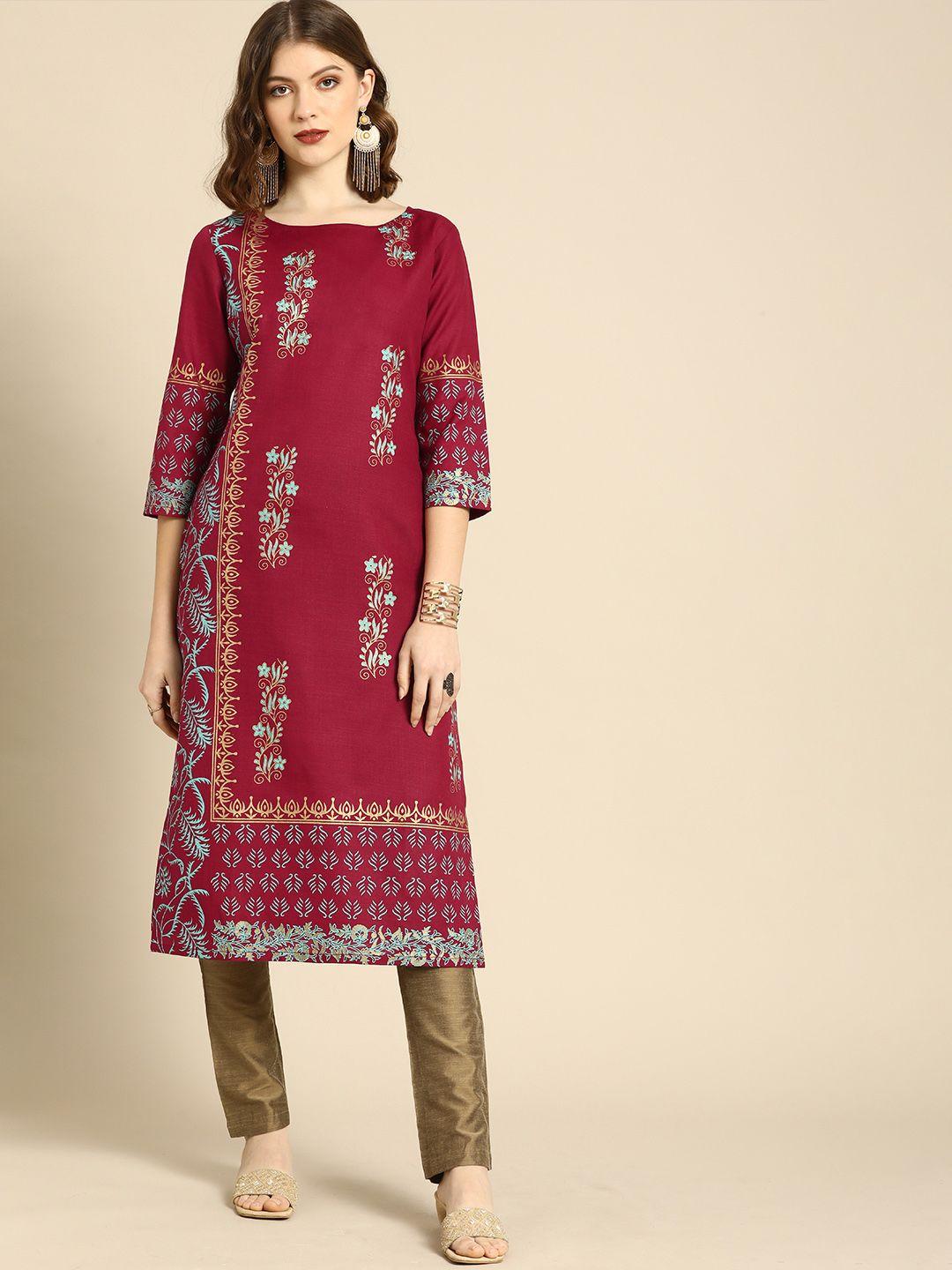 anouk women maroon ethnic motifs printed boat neck cotton linen straight kurta