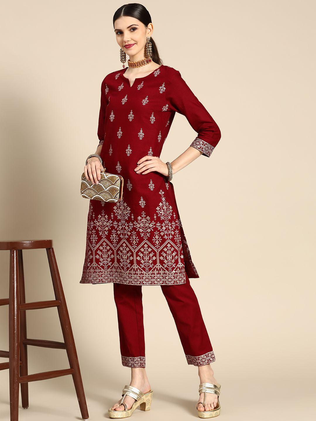 anouk women maroon ethnic motifs printed cotton kurta with trousers