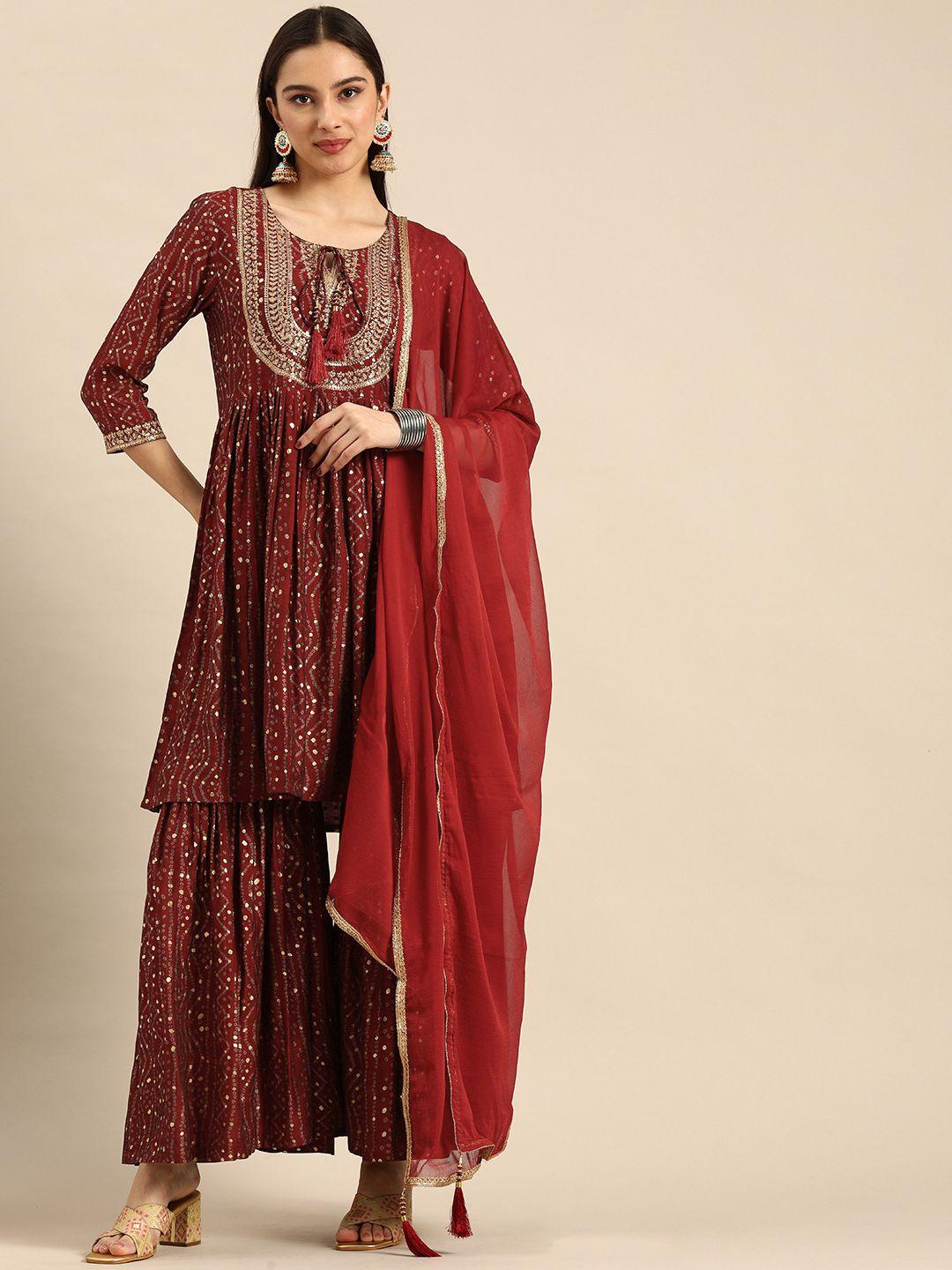 anouk women maroon ethnic motifs printed embroidered detail kurta with sharara & dupatta