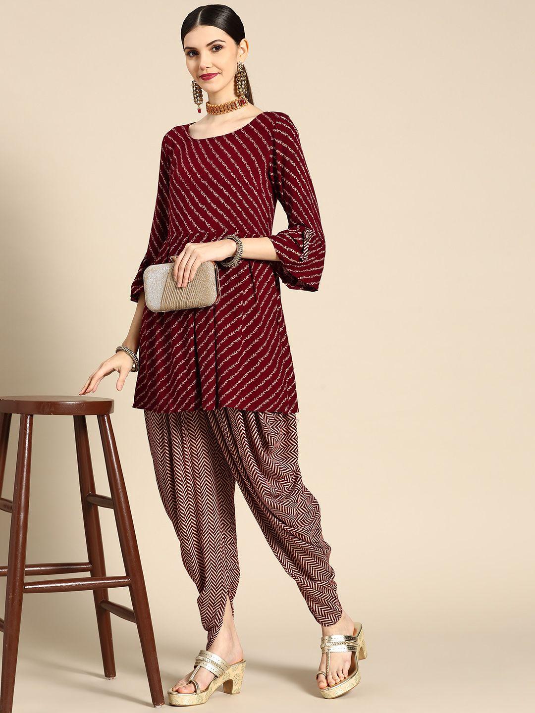 anouk women maroon ethnic motifs printed empire kurta with dhoti pants