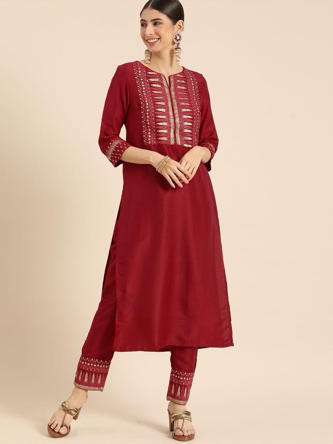 anouk women maroon ethnic motifs printed regular kurta with trousers