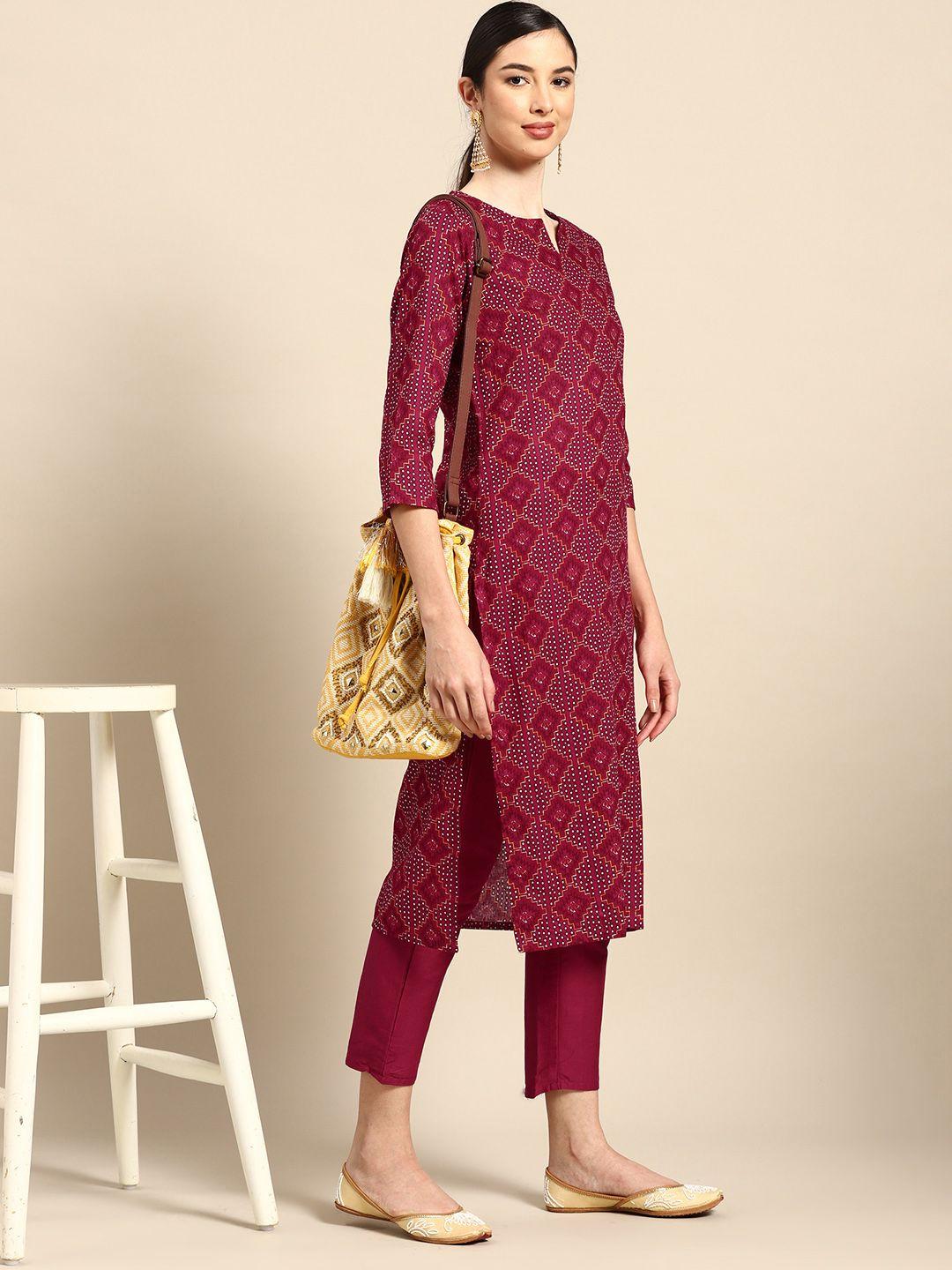 anouk women maroon geometric print pure cotton kurta with trousers