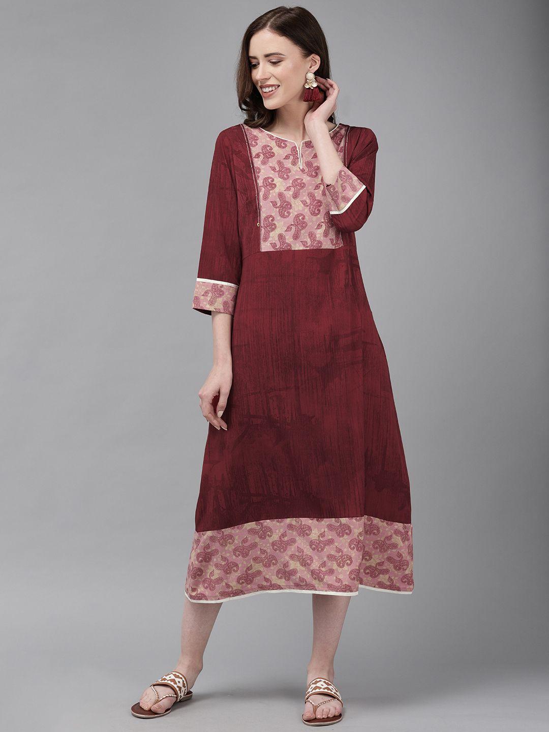 anouk women maroon printed a-line dress