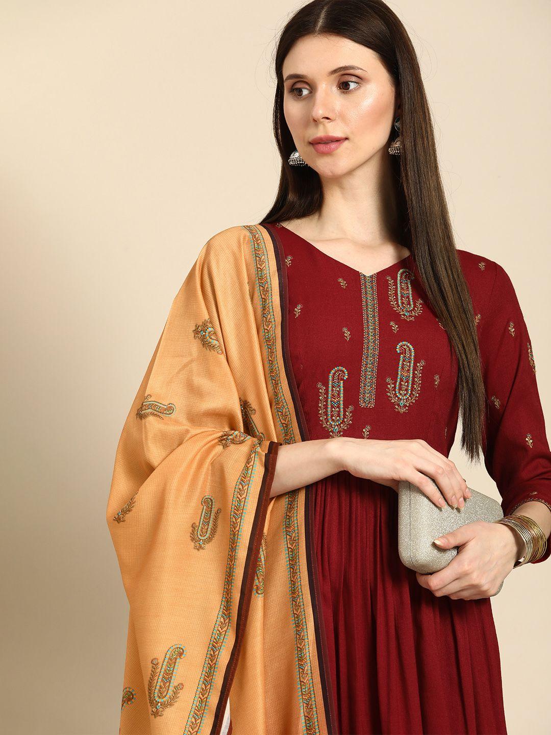 anouk women maroon pure cotton embroidered pleated kurta with palazzos & with dupatta