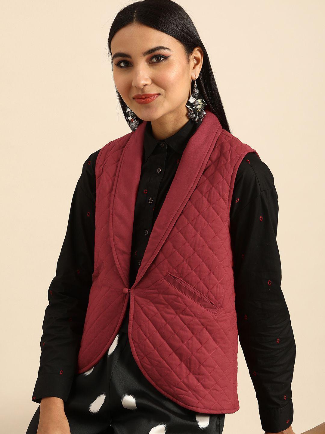 anouk women maroon self design checked quilted jacket