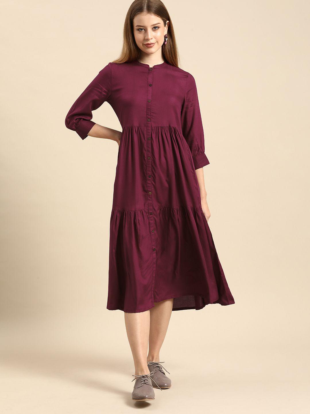 anouk women maroon solid a-line dress