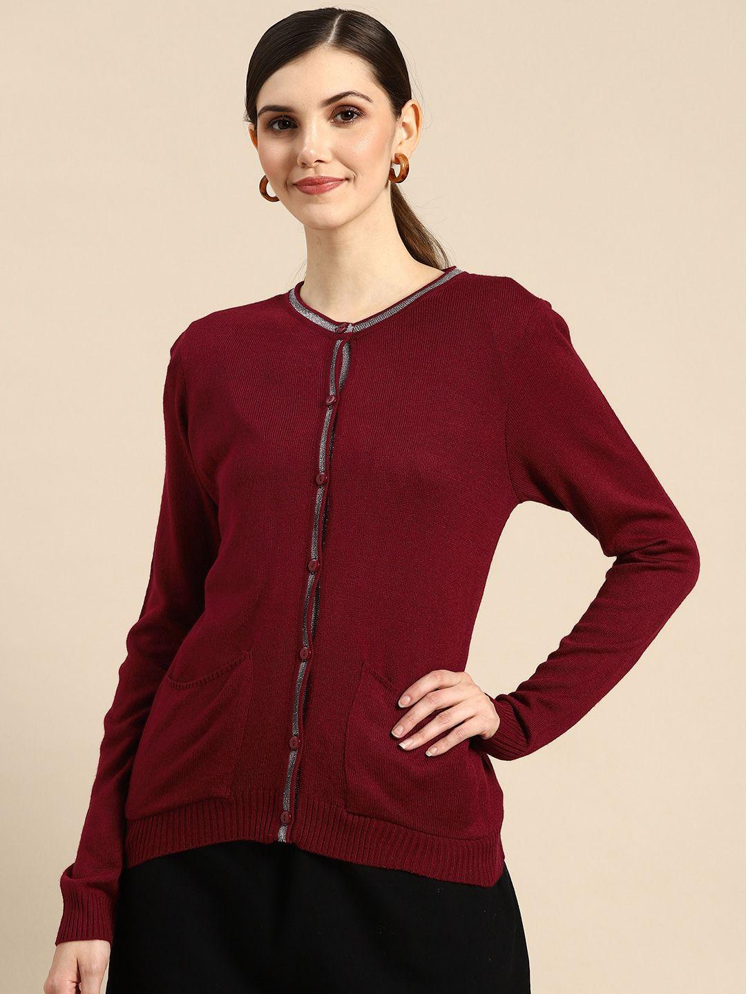 anouk women maroon solid cardigan