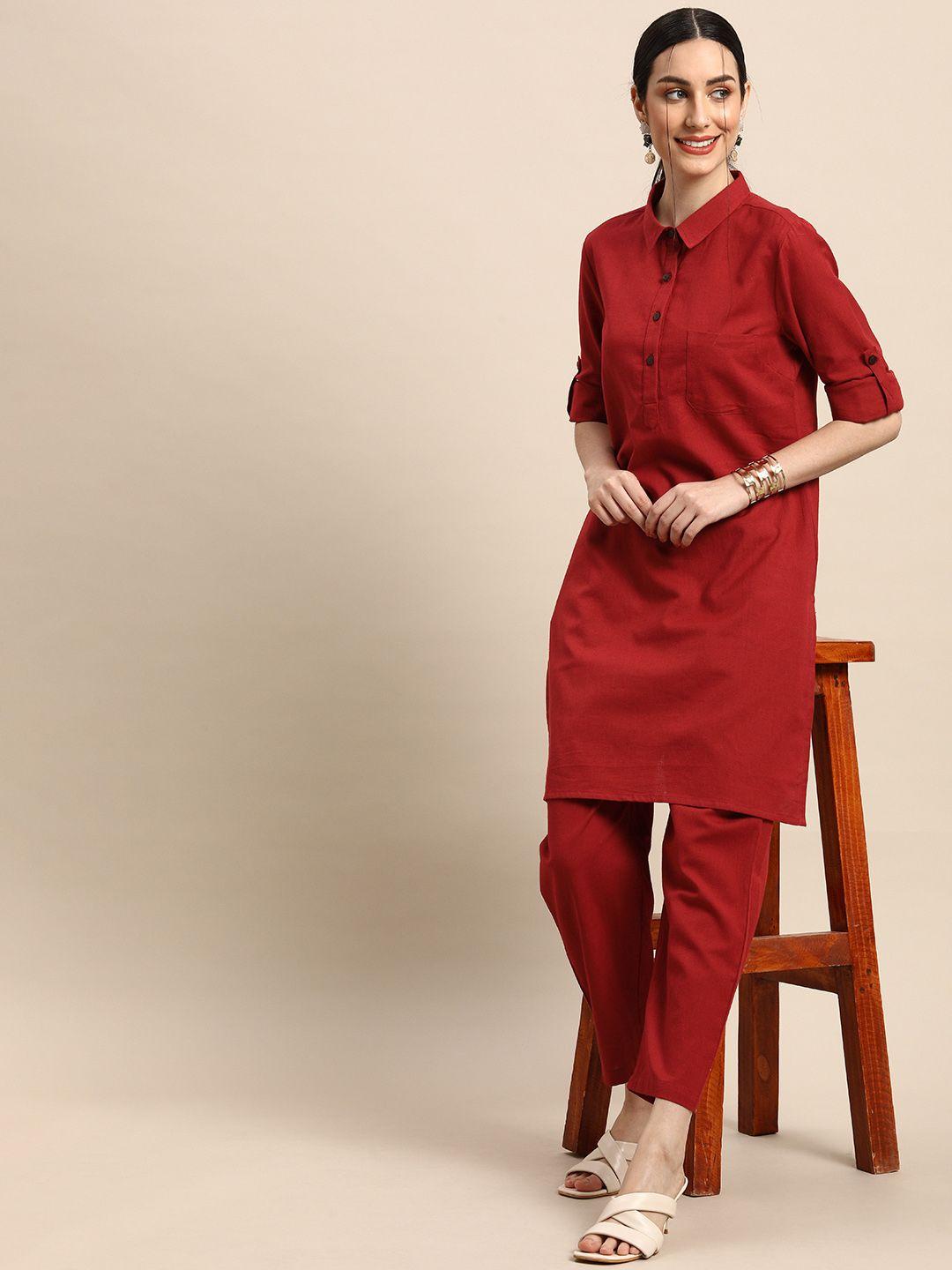 anouk women maroon solid straight kurta with trousers