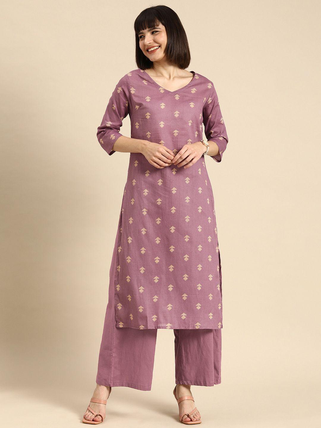 anouk women mauve printed pure cotton kurta with palazzos