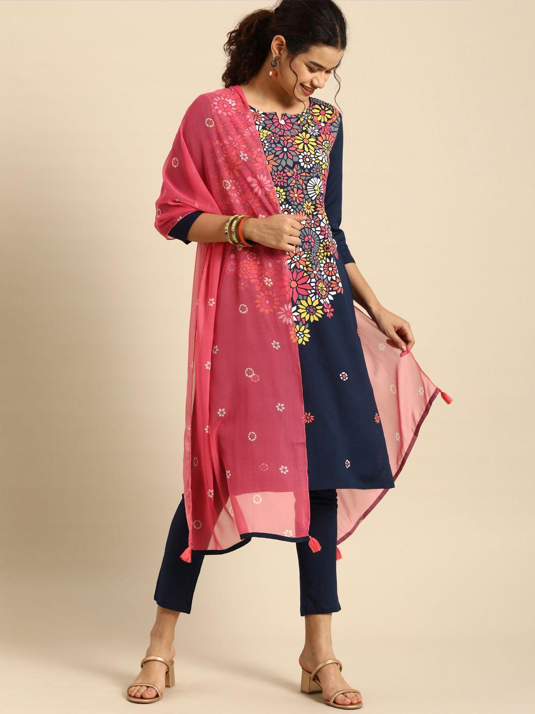 anouk women multicoloured floral printed kurta with trousers & with dupatta