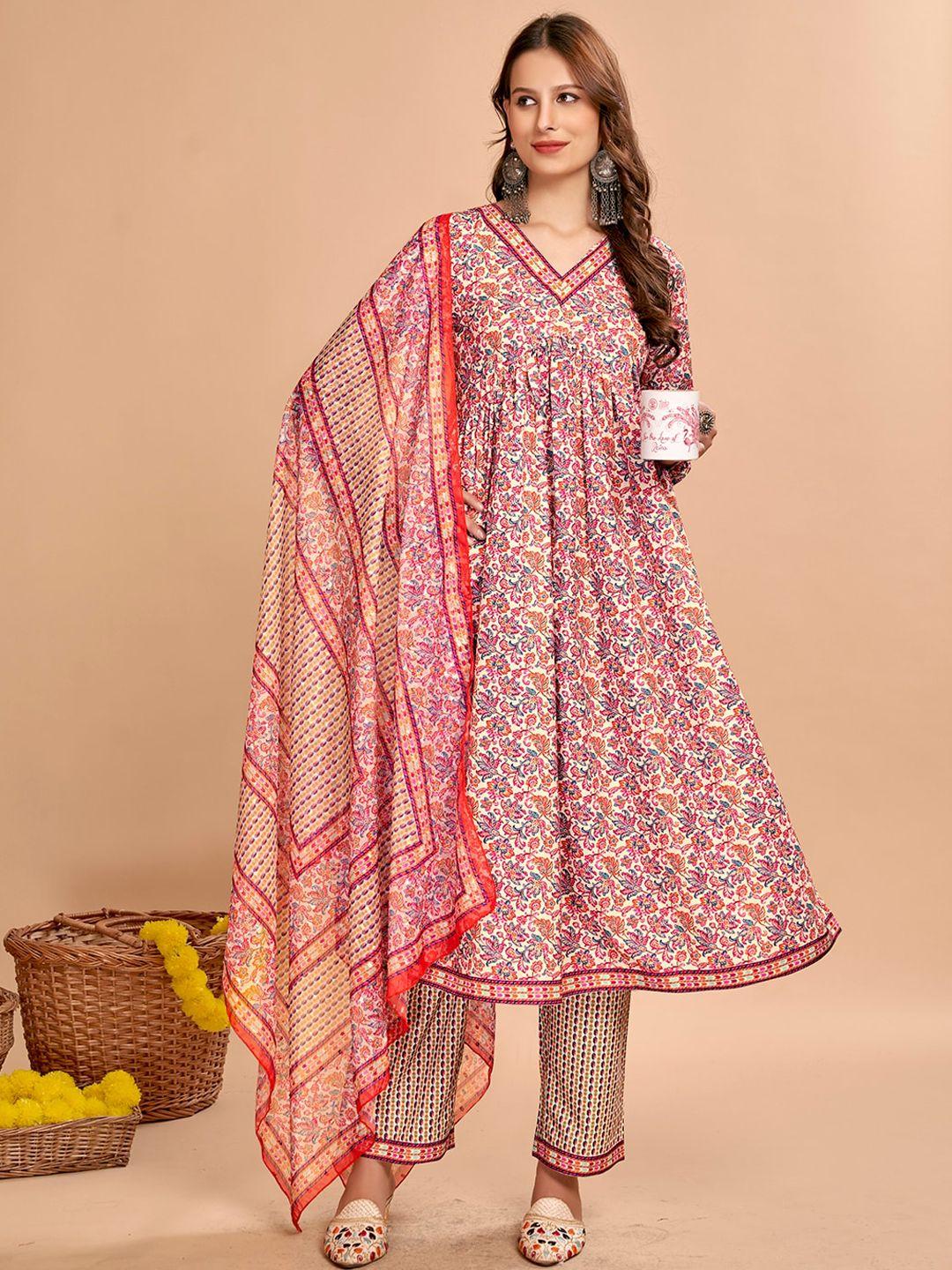 anouk women multicoloured floral printed regular kurta with trousers & with dupatta