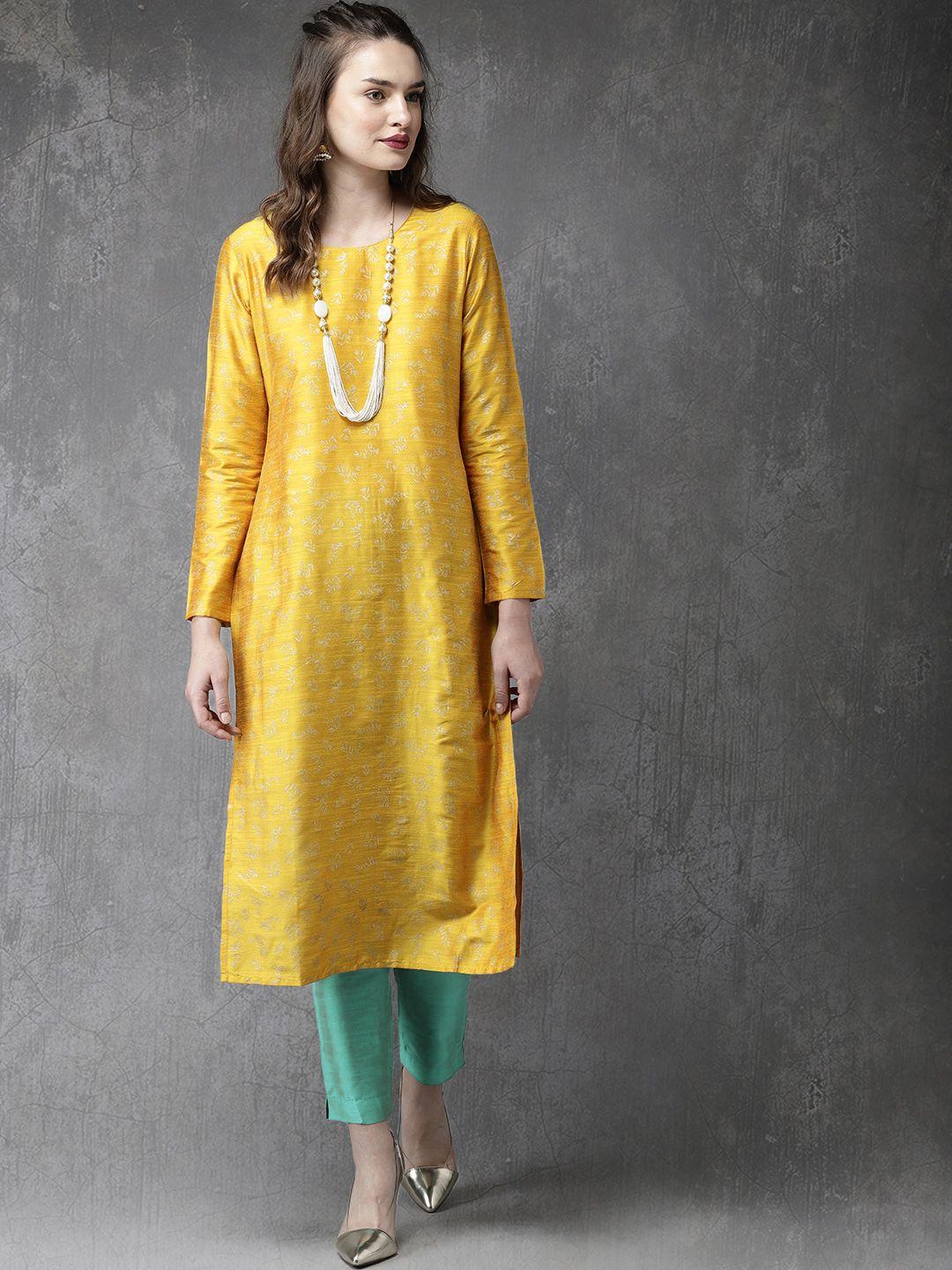 anouk women mustard & turquoise blue printed kurta with trousers