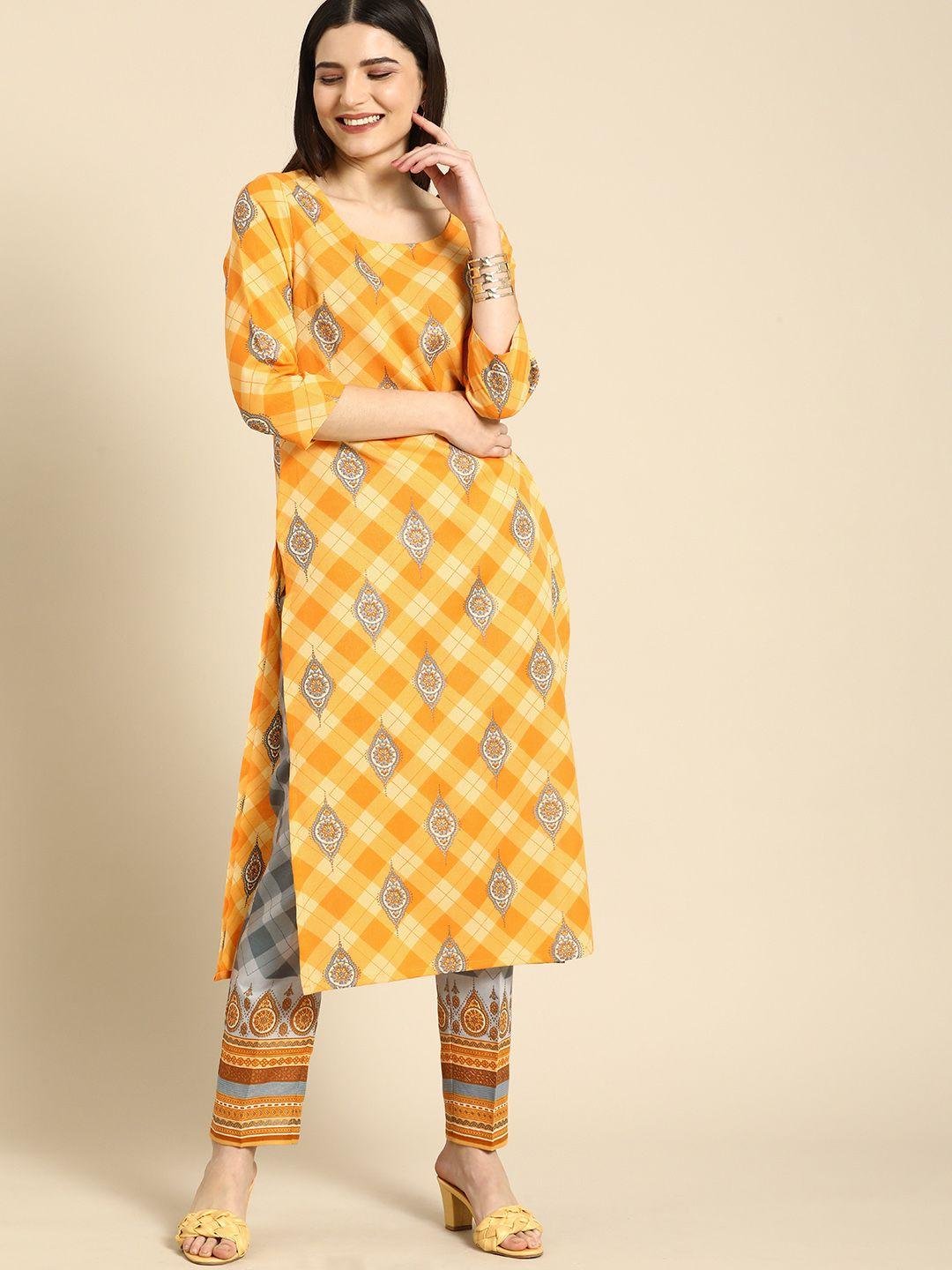 anouk women mustard yellow & grey ethnic motifs printed regular kurta with trousers