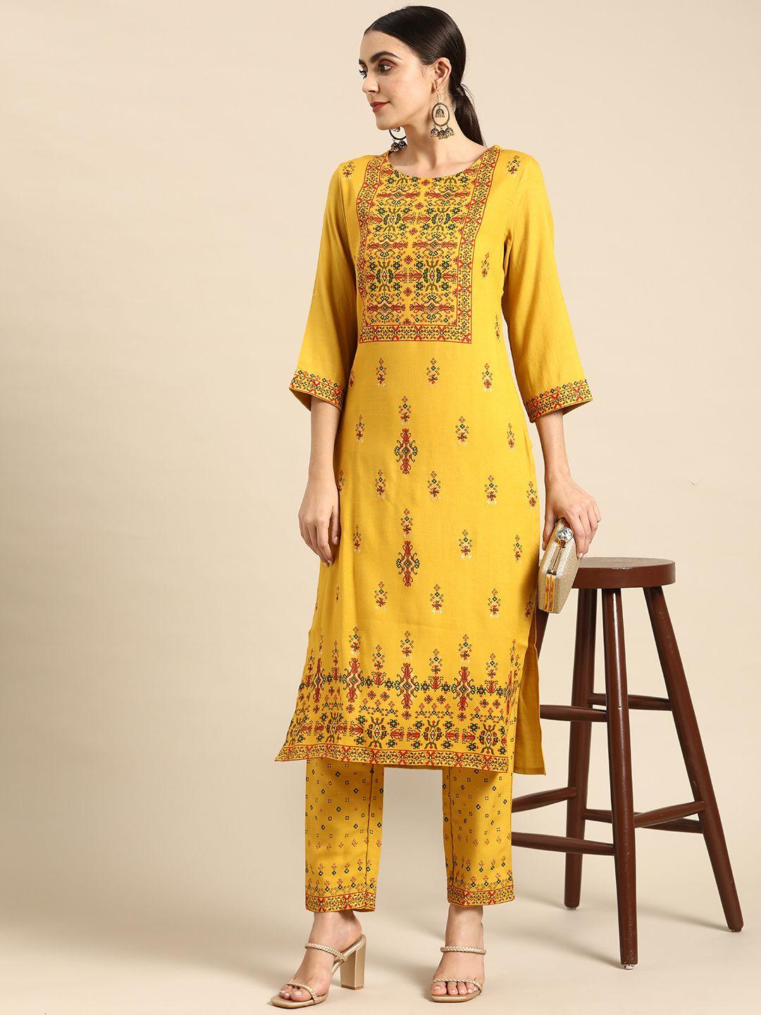 anouk women mustard yellow & maroon printed kurti with palazzos