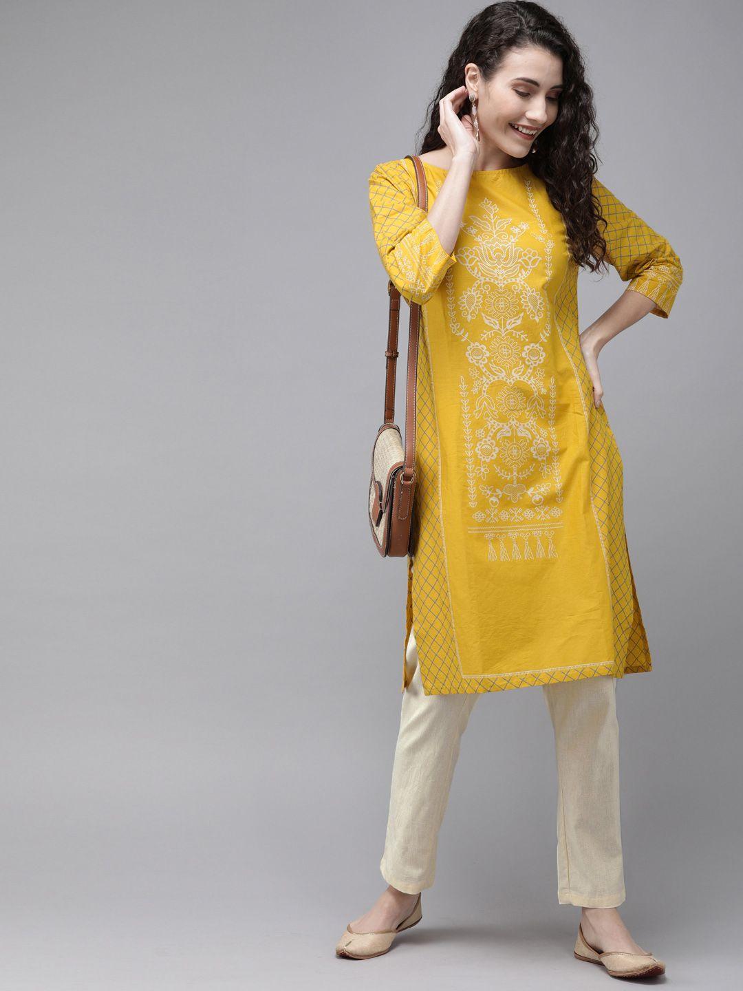 anouk women mustard yellow & off-white printed kurta with trousers