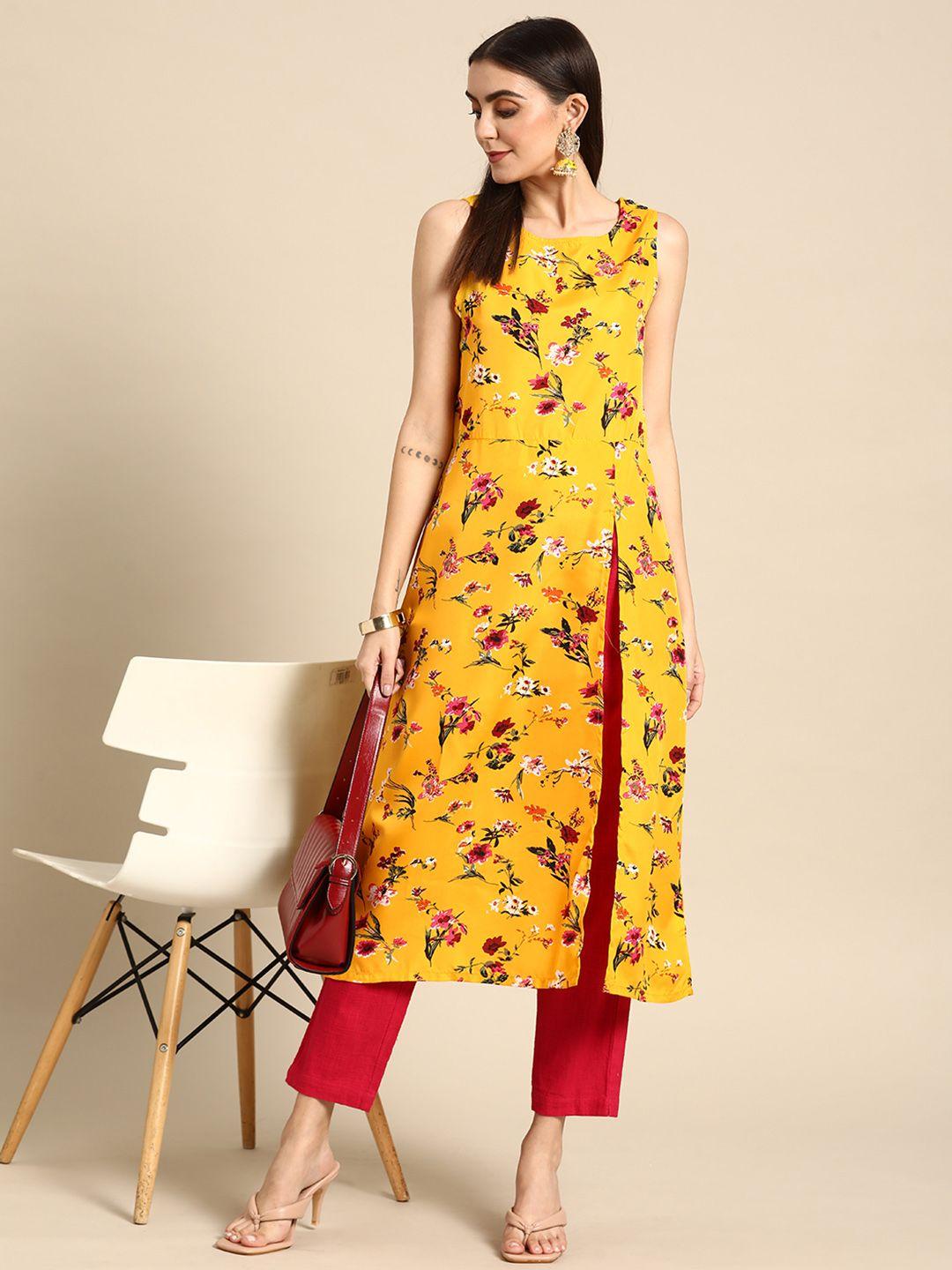 anouk women mustard yellow & pink floral printed kurta