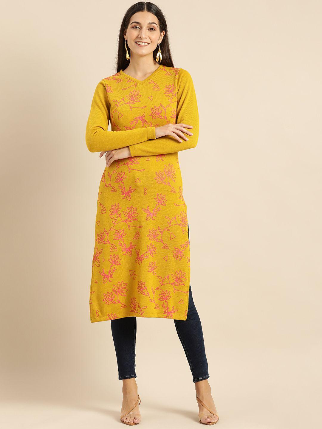 anouk women mustard yellow & pink floral printed straight winter kurta