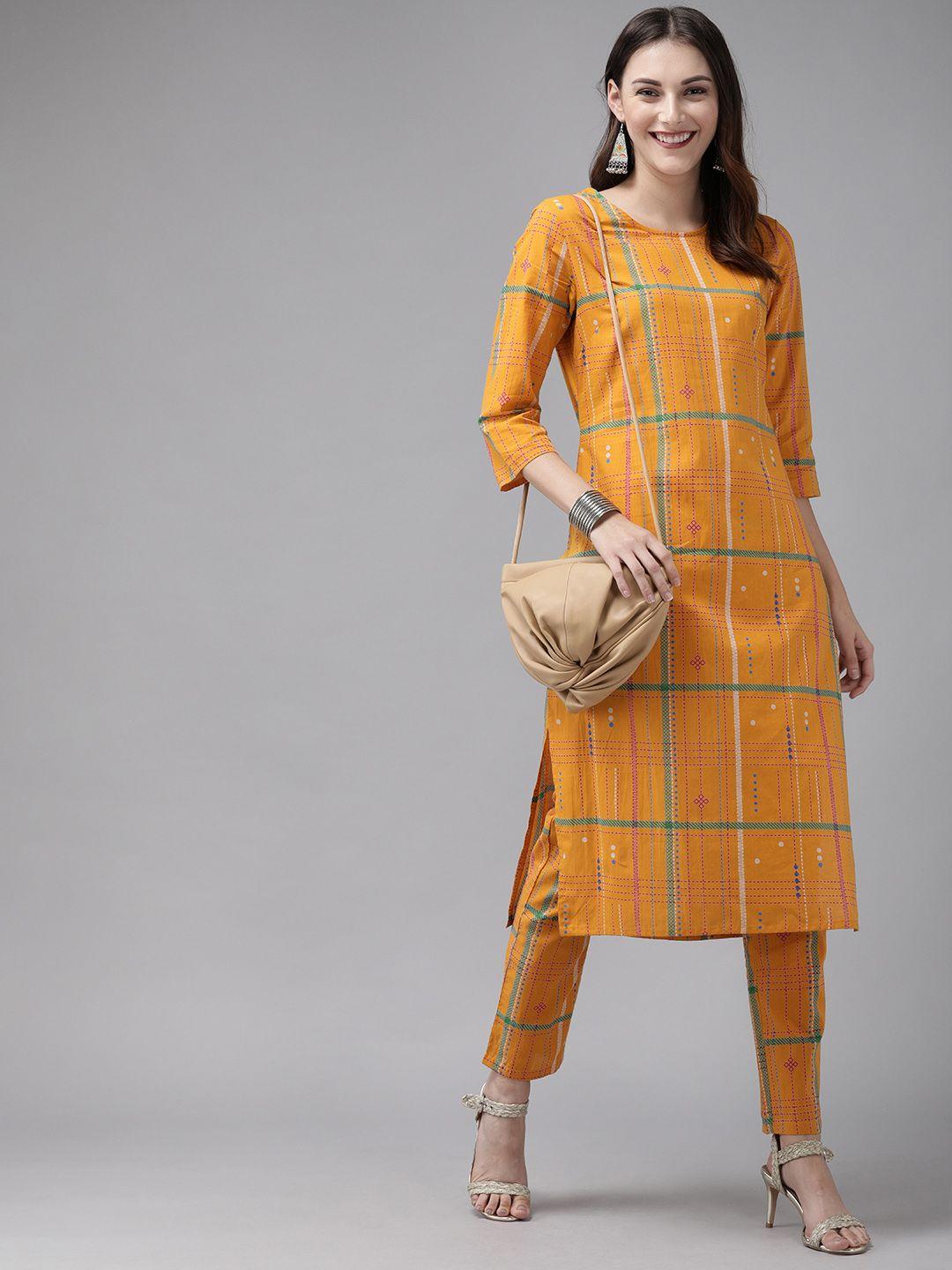 anouk women mustard yellow & pink printed kurta with trousers