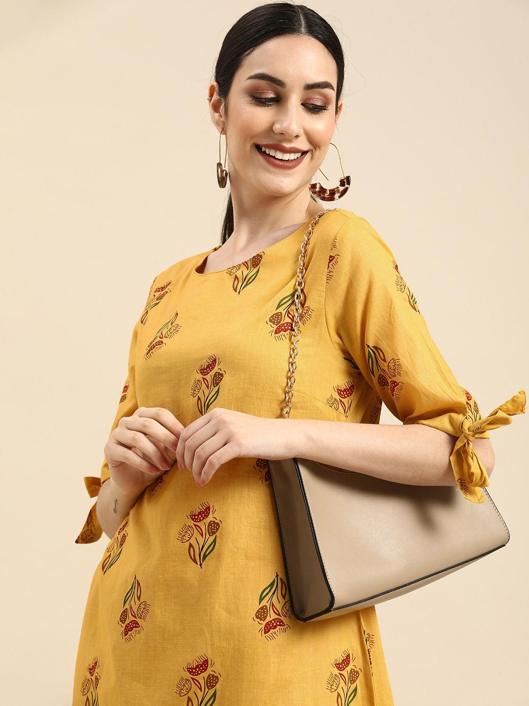 anouk women mustard yellow & red ethnic motifs printed pure cotton a-line dress