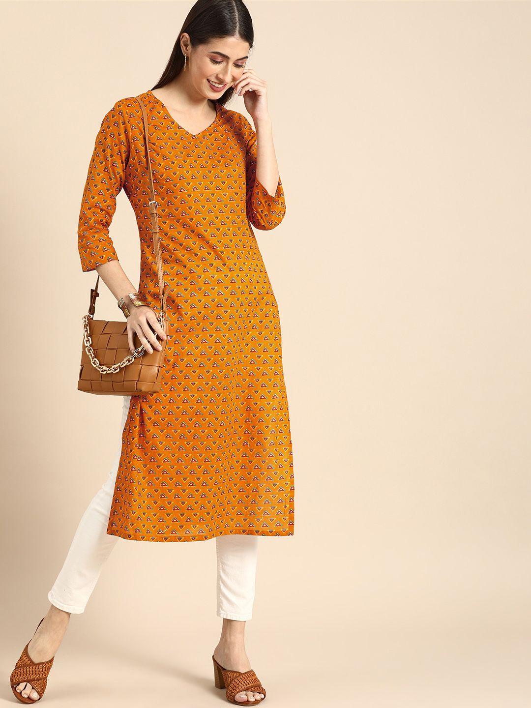 anouk women mustard yellow & red geometric printed kurta