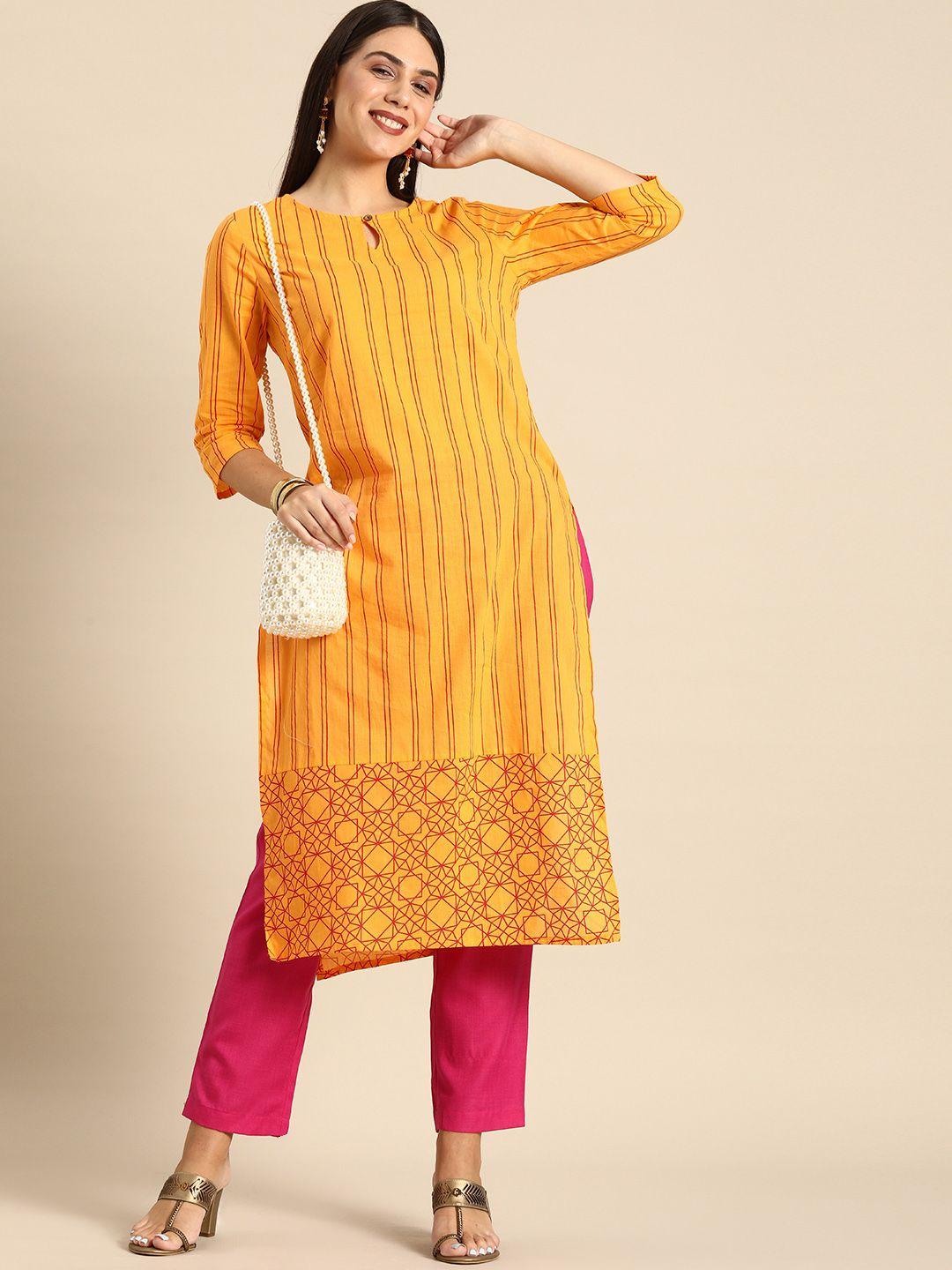 anouk women mustard yellow & red striped keyhole neck pure cotton kurta