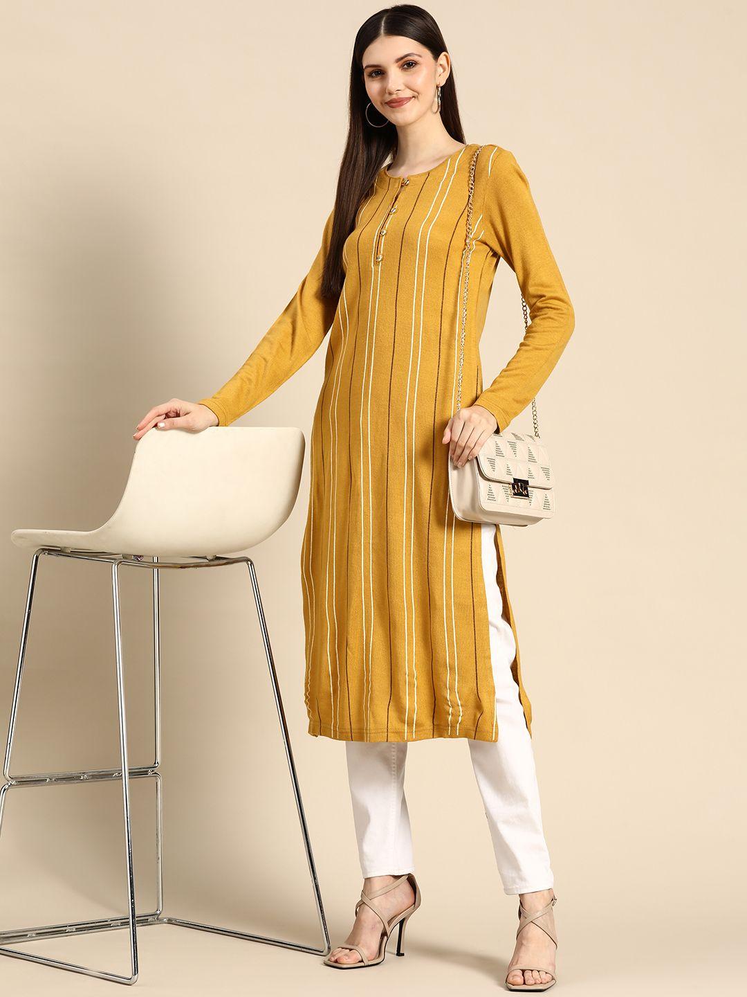 anouk women mustard yellow & white acrylic striped winter kurta